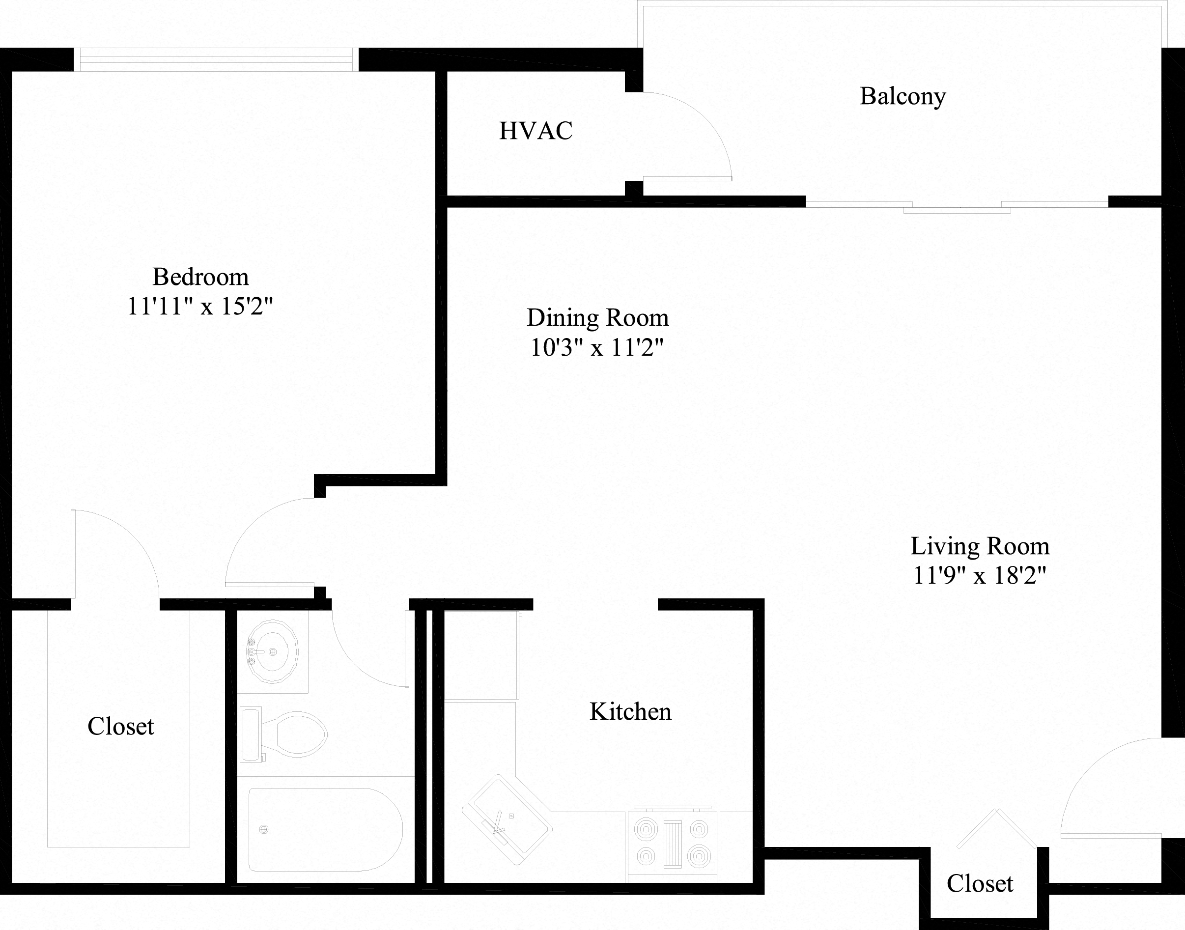 Floor plan for 1 bed, 1 bath, 700 sqft